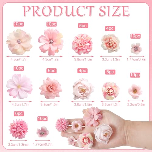 rongflower Faux Flower Heads Mini Pink Artificial Flower Heads Fake Peony Daisy Rose Flowers Multicolor Small Silk Daisy Flower Heads for Craft Garland Wedding Party DIY Home Decoration,2-4 cm - color: Pink