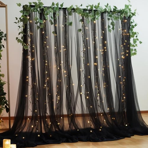 10ft x 8ft Black Backdrop Curtain with Lights String for Parties, Sheer Tulle Wedding Photo Backdrops Drapes for Baby Shower Birthday Party Decorations Background for Photography - color: Black, size: W5' x H8'(2 panels)