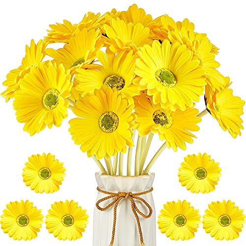 WILLBOND 18 Pcs Artificial Gerbera Daisies Flowers 15 in Yellow Fake Daisy Bouquet with Flexible Stems Boho Faux Wildflower for Wedding Bridal Groovy Party Home Kitchen Decor - color: Yellow