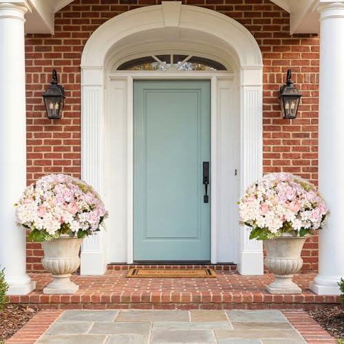Yunlly 2 Set Artificial Boxwood Topiary Ball Trees with Rose Flowers 19.7'' UV Resistant Faux Greenery Shrubs Bushes with Ground Spike for Wedding Indoor Outdoor Front Porch Decor(Light Pink) - color: Light Pink