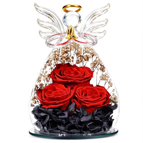 Beferr Gifts for Mom Birthday Gifts for Women, Fresh Flowers for Delivery Forever Preserved Rose in Glass Angel Figurine, Anniversary Christian Real Rose for Grandma Wife Mother from Daughter Son - color: M Arg-black & Red