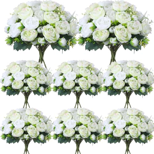Geosar 8 Bundles Artificial Peonies Flowers Fake Silk Peony Bouquet Faux Peonies Flowers Bulk for Decoration Vase Floral Arrangements Wedding Party Table (White,Green) - color: White, Green