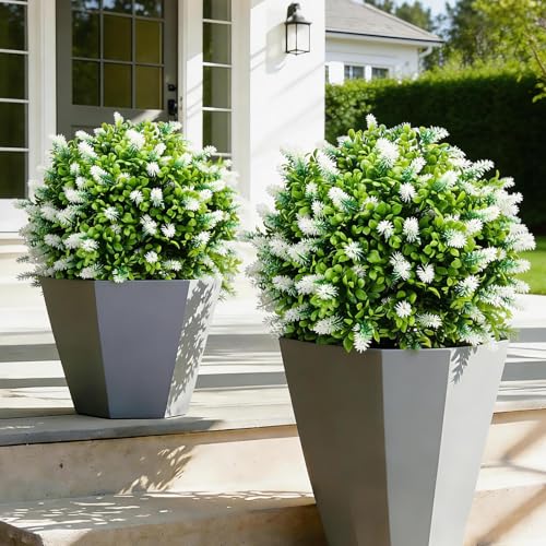 2 Pack 25" Artificial White Lavender Topiary Ball Trees for Outdoors, UV Resistant Faux Evergreen Shrubs with Ground Spikes, Fake Bush Ball Plants for Front Porch, Patio, Garden, Indoor Outdoor Decor - color: White Lavender