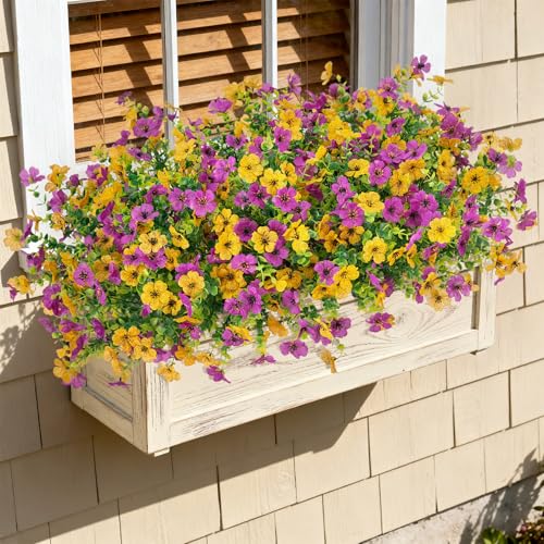 Artificial Fake Mums Flowers for Outdoor Spring Summer Decor, 12 Bundles Faux Silk Plants Daisy for Planter Pot Colorful UV Resistant Look Real for Front Door Porch Patio Outside Yard(Purple Yellow) - color: Purple Yellow