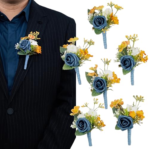 French Blue Boutonniere for Men,Prom boutonnieres,Groom and Groomsmen Boutonniere for Wedding Ceremony Anniversary, French Country Wedding Themes (Set of 6) - color: French Blue, size: set of 6