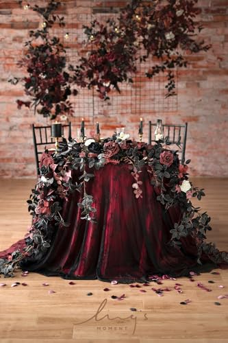 Ling's moment 9FT Eucalyptus & Willow Leaf Garland with White Flower, Handcrafted Wedding Sweetheart Table Centerpieces Head Table Decor Arch Backdrop Decorations for Wedding | Black & Burgundy - color: Red-moody Burgundy & Black