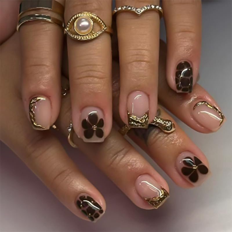 Fall Press on Nails Brown Flower Fake Nails French Tip False Nails with Gold French Designs Autumn Square Glue on Nails Thanksgiving Stick on Nail Cute Acrylic Nail Full Cover Glossy Artificial