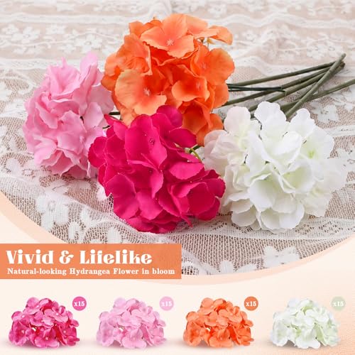 Suncalla 60 Pcs Artificial Hydrangea Flowers Bulk Silk Hydrangea Full Flowers Heads with Stems for Wedding, Home Table Centerpieces, Garden, Baby Shower, Party Decoration (Pink,Orange) - color: Pink,orange