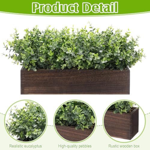 Lyrow 2 Pack Artificial Eucalyptus Plant in Rustic Rectangular Wooden Planter Box Greenery Faux Potted Herb Plant for Indoor Wedding Table Centerpiece(Green,16.1 x 3.7 x 8.7 Inches,Retro Style) - color: Brown, size: 16.1 Inch, style: White Frosted Pointed