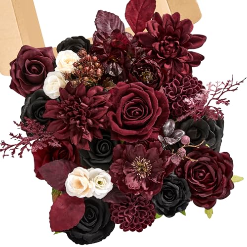 Serwalin Artificial Burgundy Black Flowers, Red Roses Silk Flowers for DIY Wedding Bridal Bouquets, Fake Halloween Black Flowers for Table Centerpieces Baby Shower Birthday Party Home Decorations - color: A Black Burgundy, size: 1 Box