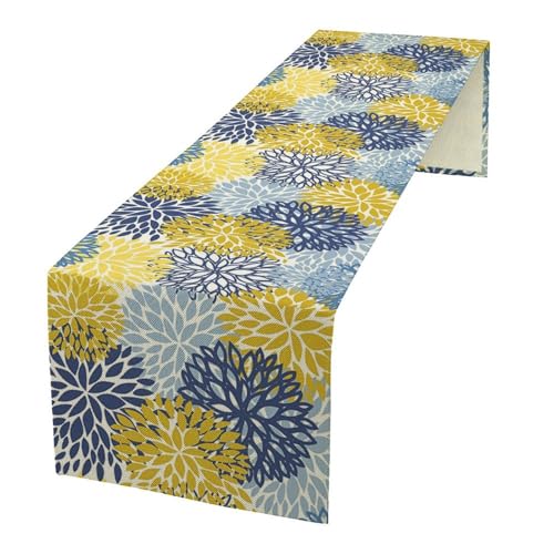 Dahlia Flower Table Runner Abstract Boho Yellow Blue Floral Art Printed Dinner Runner for Home Party Kitchen Dining Table Decor Fabric 1 Panel W13xL36in - color: Flower-14, size: 13"W x 36"H