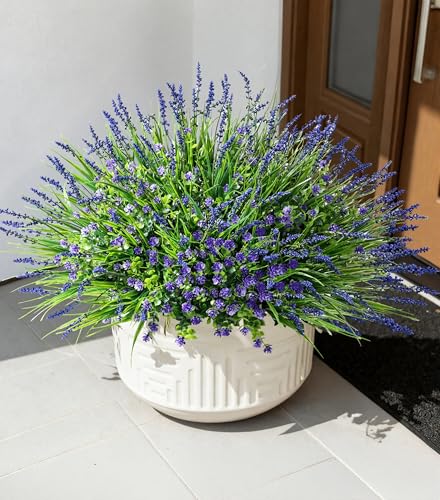 HyeFlora 20 Bundles Artificial Fake Outdoor Plants Flowers for Spring Decoration, UV Resistant Realistic Purple Plastic Flowers Faux Plant Monkey Grass for Planter Home Garden Porch Patio Window Box - color: 12pcs Purple Monkey Grass+8pcs Purple Flowers