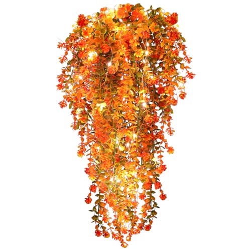 RECUTMS Fall Artificial Flowers - Faux Hanging Plants with Lights for Thanksgiving Indoor/Outdoor Wedding & Garden Party (Salmon) - color: Salmon, size: Hanging Plants With Lights