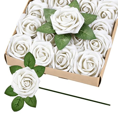 30pcs Real Looking White Foam Artificial Roses with Stems, Fake Rose Flowers for DIY Wedding Bouquets Bridal Shower Centerpieces Home Party Tables Valentine's Day Mother's Day Decor Gift - color: 30pcs White