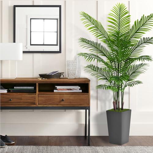 Artificial Palm Tree 6FT - Fake Tree with Gray Tall Planter - Faux Tropical Areca Floor Plant in Pot - Artificial Silk Plant for Home Office Living Room Decor Indoor - color: Gray, size: 6ft