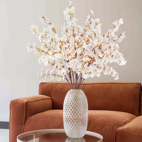 12 Pcs Artificial Cherry Blossom Flowers 40" Faux Silk Cherry Blossom Stems Fake Real Touch Peach Branches for Wedding Home Garden Japanese Decor Ivory White - color: Ivory White