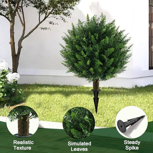2PCS UV Resistant Fake Bushes Artificial Shrubs for Outdoors | Cedar Topiary Ball Trees / Faux Greenery / No Fade / Sturdy Build / No Maintenance / with Spike / Front Porch Decor - color: Cedar 2pack