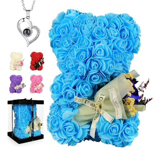 Mother's Day Rose Bear Gifts for Mom, Rose Flower Bear Romantic Birthday Gifts for Girlfriend Wife,Rose Teddy Bear Women Gifts, Valentines Bear with Rose Bouquet - color: Blue Rose