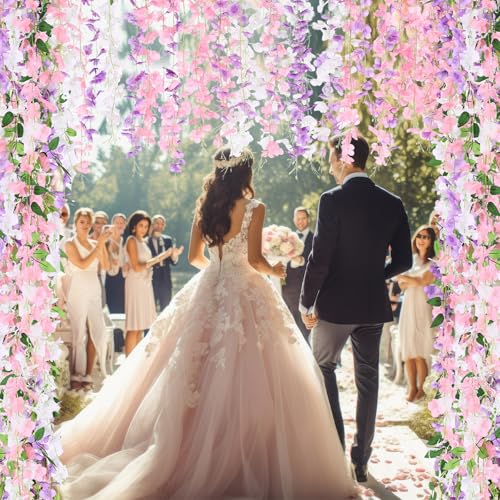 Thiccywoov 4pcs Wisteria Artificial Flowers Garland, 7.2Ft/Piece Wisteria Hanging Flowers Garland for Wedding Arch Decoration Outdoor Ceremony Home Backdrop Garden (Light Purple,White,Light Pink) - color: Light Purple, White, Light Pink