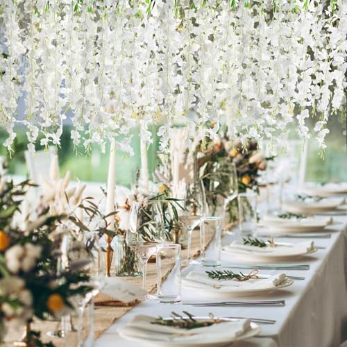 12 PCS Wisteria Hanging Flowers, 3.6ft Fake Vines Artificial Wisteria Garland Silk Flower String for Wedding Arch Garden Party Home Ceiling Wall Backdrop Tent Decoration (White) - color: White With Lights, size: 12 Pack