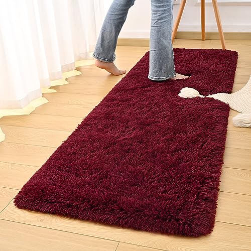 DweIke Fluffy Burgundy Red Runner Rugs for Bedroom, 2x6 Feet Soft Plush Long Runners for Girls Boys Kids, Non-Slip and Machine Washable Bedside Rug, Small Throw Carpet for Hallway Rooms Decor - color: Wine Red, size: 2 Ft X 6 Ft