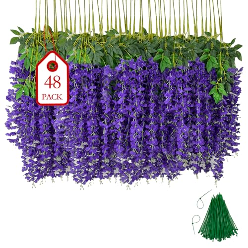 BIRDDIE 48 Pcs of Artificial Wisteria Hanging Flowers, 3.75 Feet Fake Wisteria Flower Strings for Backdrop, Wedding, Ceremony,Garden and Home Wall Decoration (Dark Purple) - color: Dark Purple, size: 48 pcs
