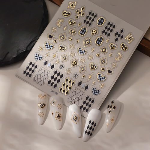 Maillard Style Nail Stickers - 1PCS Bronzing Heart Star Nail Adhesive Stickers Black Diamond Shaped Nail Art Decals with Gold Edge Designs Acrylic Supplies for Women Manicure Decor - style: Style12-Maillard Stripe