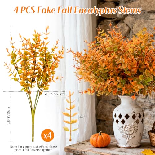 RAINFLOW Artificial Fall Flowers for Outdoors - 4PCS Autumn Brown Fake Mums, UV Resistant Fake Eucalyptus Stems for Vase Home Christmas Wedding Party Garden Porch Fall Thanksgiving Decorations