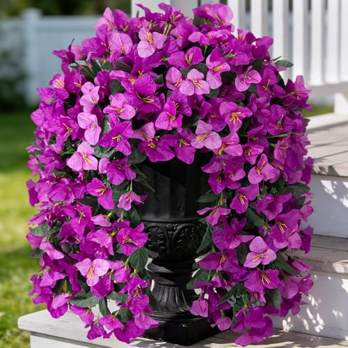 Fake Bougainvillea Artificial Flowers for Outdoors Decoration 2 pcs Faux Hanging Flowers Plants for Outdoor Planters UV Resistant Silk Bougainvillea Vines for Front Door Porch Urn Patio Garden - color: Double Lotus