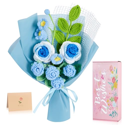 Crochet Flower Bouquet, Handmade Crochet Flowers Knitted Tulips Rose Bouquet Gift, Valentines Birthday Anniversary Knitted Flowers Gifts for Girlfriend Mother Wife Women (Blue) - color: Z-blue