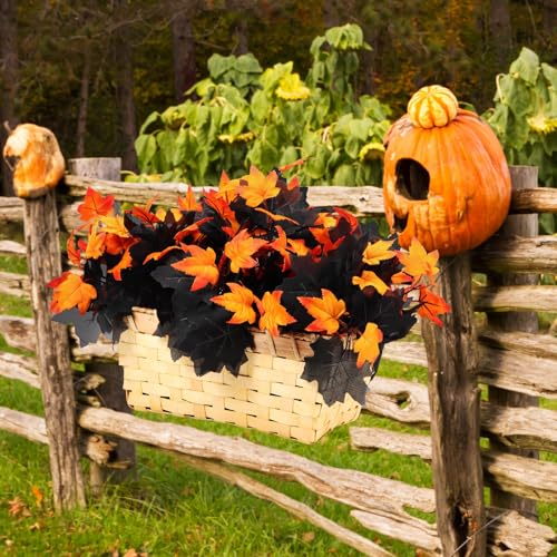 XunYee 8 Pcs Halloween Black Maple Leaves Branches Halloween Flowers Artificial Fall Autumn Leaves Stems Bouquet for Thanksgiving Holiday Floral Arrangement Table Centerpiece Home Decor