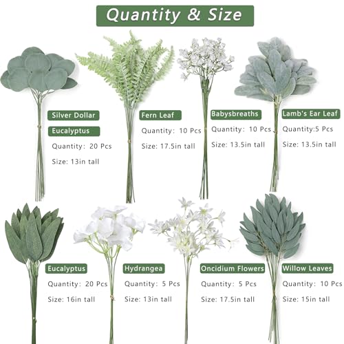 VIERENA Artificial Greenery Stems Box Set(Pack of 85pcs) with 8 Kinds of Faux Plants and Fake Flowers for DIY Wedding Bouquet Table Centerpieces and Floral Arrangement (White&Dusty Green) - color: White&dusty Green
