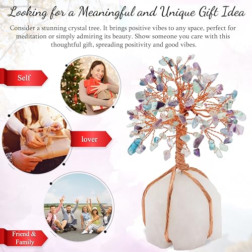 Crocon Fluorite Crystal Tree of Life - Natural Quartz Stone Base, Gemstone for Positive Energy, Feng Shui Decor - Chakra, Copper Wire Money Bonsai, Healing Stones, Luck Gem - Spiritual Gift - color: Ag Fluorite Quartz Base