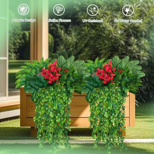 Artificial Greenery Outdoor Fake Ivy Plants Hanging Faux Boston Ferns Stems UV Resistant,10Bundles Faux Shrubs Mixed Artificial Flowers Grass for Outdoor Planter Window Box Bedroom Porch - color: Red Green
