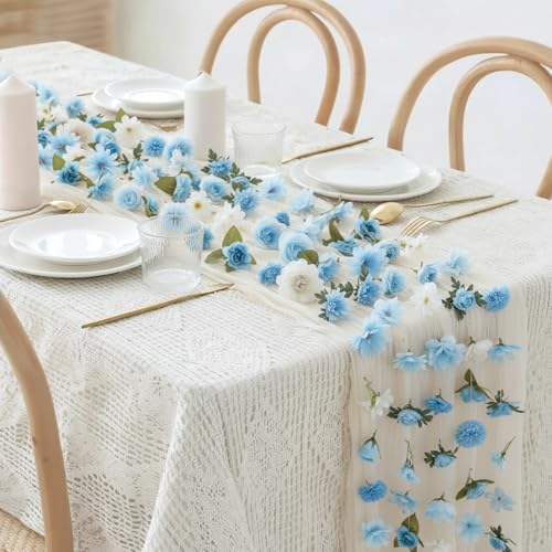 6 Pcs 35.4 Inch Artificial Hydrangea Flower Garlands with 3 Pcs 10 Ft Wedding Tulle Table Runner Wildflower Vines Floral Table Runner Garlands for Wedding Bridal Shower Spring Tea Party - style: Hydrangea