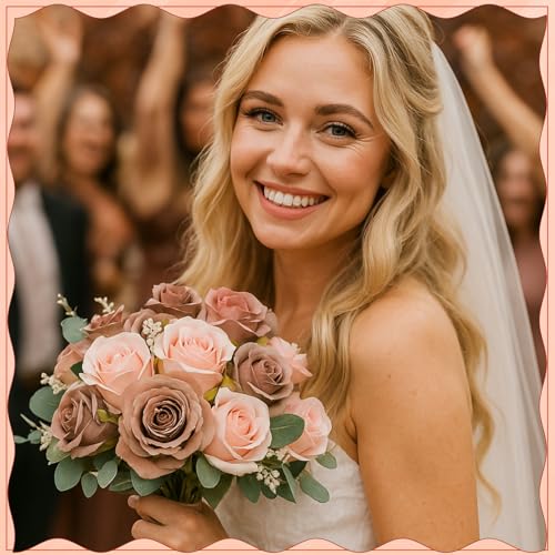 Hoteam 72 Heads Dusty Pink Artificial Rose Flowers 6 Bouquet Wedding Decoration Faux Flower Arrangement Bouquet with Stem Bridal Shower Gift Floral Centerpiece for Table - color: Pink Brown