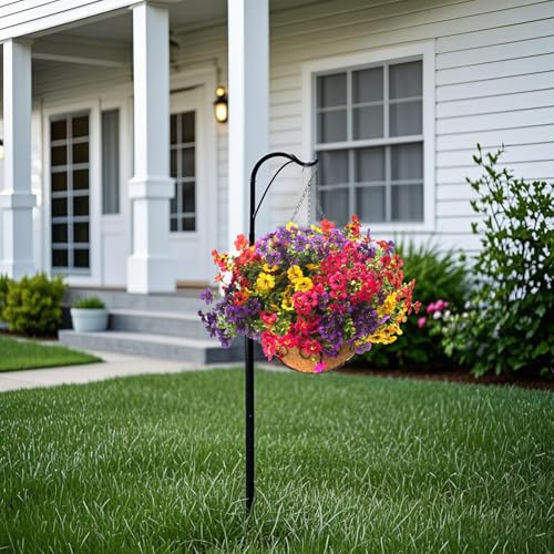 Grunyia Artificial Hanging Flowers Basket with Colorful Silk Daisies & Eucalyptus - UV/Sun-Resistant Plant for Outdoor Porch, Patio, Balcony - Indoor/Outdoor Home Decor