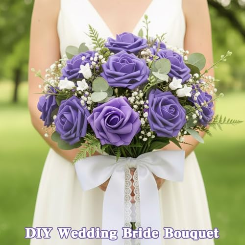 25Pcs Roses Artificial Flowers, Lavender Fake Roses for Decorations Floral Arrangement, Purple Foam Fake Flowers with Stem for DIY Wedding Bouquet Bridal Shower Mothers Day Party Home Decor - color: Purple