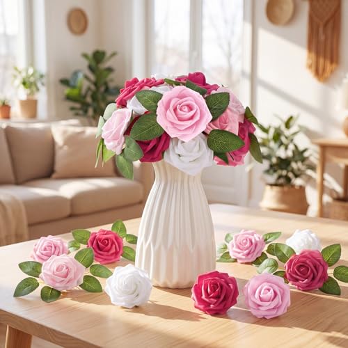 50 Pcs Artificial Foam Rose Flower Faux Bouquet Wedding Fake Rose Gift for Mother's Day Women DIY Bridal Shower Party Table Birthday Home Spring Decor (Gradient Pink) - color: Gradient Pink