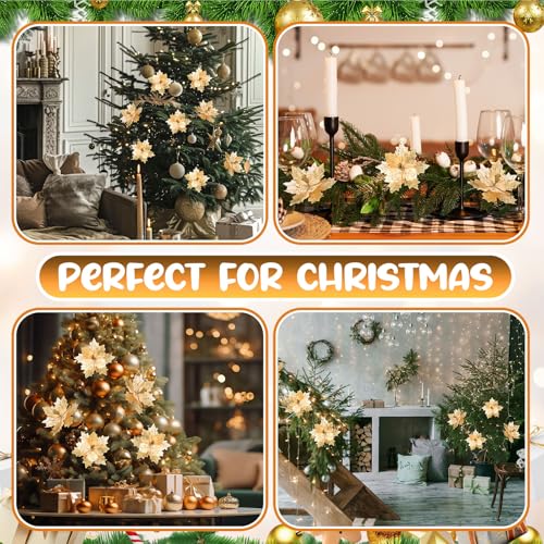 Deekin 12 Pcs 8.5 Inch Poinsettia Artificial Christmas Large Flower with Clips and 4.72 Inch Floral Picks Christmas Tree Decoration Fake Poinsettias Ornaments DIY Xmas Wreath Party Decor(Gold)