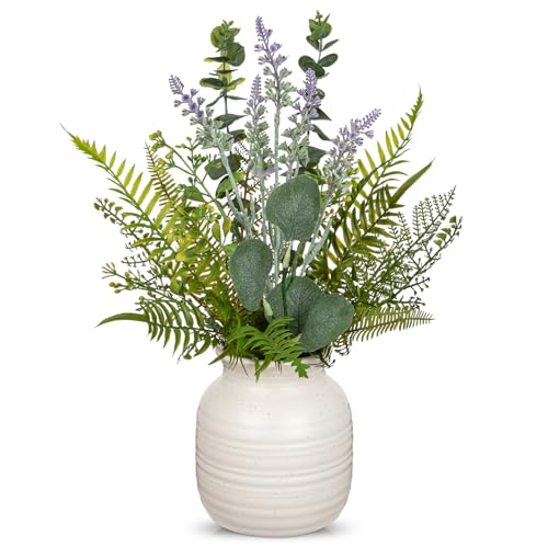 Artificial Eucalyptus & Lavender Arrangement in Ceramic Vase - 15.4" Faux Lavender Fern Leaves Plant Decor Fake Flowers Artificial Greenery in White Vintage Vase for Centerpieces Home Kitchen Decor - color: Purple