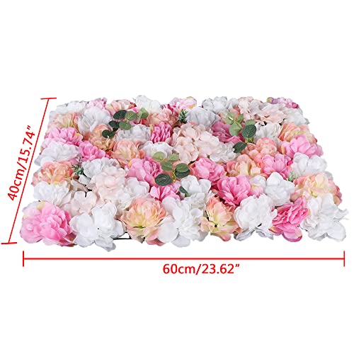 12 Pcs Artificial Flower Wall Panels 60x40cm Silk Hydrangea Wall Panel Flowers, Rose Wall Panel Artificial Flowers Wall Decor 3D Flower Wall Panel Silk Flowers - color: Champagne Powder + Eucalyptus