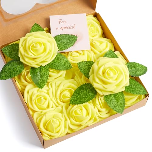 16 Pcs Fake Yellow Roses Artificial Flowers | Yellow Foam Roses with Stems, Artificial Flowers for DIY Wedding Bouquets, Centerpieces, Party, Home Decor - color: Yellow