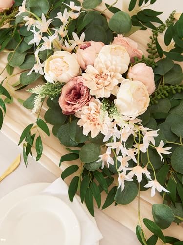 MISSPIN 8FT Eucalyptus and Willow Leaf Garland with Artificial Flowers Fake Flower Peony Rose Vine Greenery Decorative Wall Hanging Plant for Spring Wedding Arch Door Arrangement Party Decor - color: Champagne