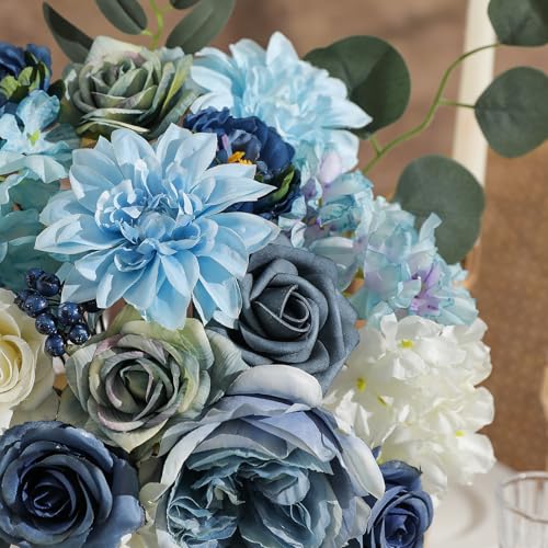 Garisey Artificial Flowers Combo Box Set Dusty Blue Flowers for DIY Wedding Bouquet Arrangements Bridal Shower Party Home Decorations(White Blue Rose) - color: White Blue Rose
