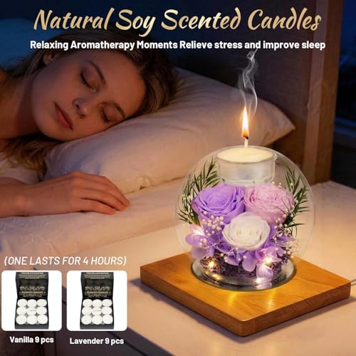 ENERLEAF Preserved Light Purple Real Rose in Glass with Scented Candles – Forever Flower Romantic Anniversary Christmas Birthday Valentines for Mom, Women, Wife, Girlfriend, Her, Grandma - color: Glass-light Purple