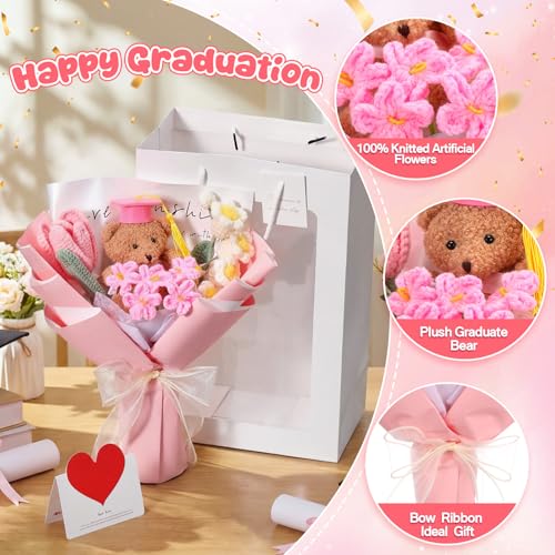 Graduation Crochet Flower Bouquet Set Includes Bear Knitted Tulips Forget-me-nots Lily of the Valley Greeting Card Gift Bag 2026 Pink Flower Bouquet Graduation Gift - color: Pink, style: Knitted Bear and Tulip