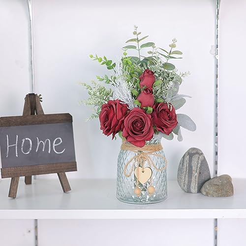 Faux Flowers with Vase,Artificial Silk Roses in Vase, Fake Plant Eucalyptus Flower Arrangement for Home Office Farmhouse Bathroom Dining Table Centerpiece Decorations Coffee Table Decor (Burgundy) - color: Burgundy