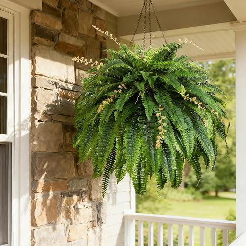 2pcs 48in 88 Blades Artificial Boston Ferns for Outdoors Large, UV Resistant Faux Outdoor Plants,Weatherproof Fake Ferns Plants Outdoor Indoor for Garden Porch Patio Home Decor - color: Bosten Fern, size: 2Pcs