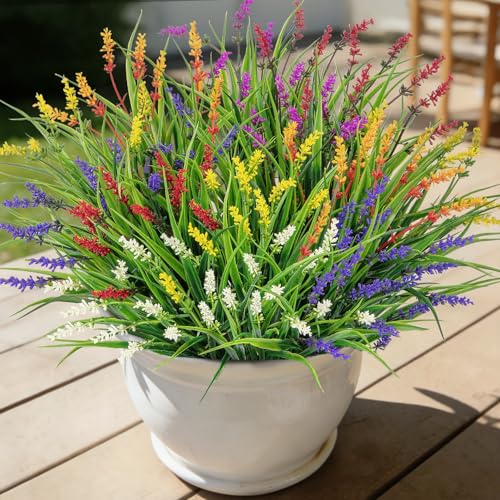 24 Bundles Artificial Plants Flowers Outdoor, Faux Lavender Flowers Fake Monkey Grass UV Resistant Plastic Plant for Porch Garden Patio Window Home Decor, Mixed Color - color: Multi Color